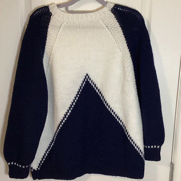 Women's Blue & White Knit Sweater Crew Neck Fisherman Nautical Preppy Tennis - Picture 5 of 5